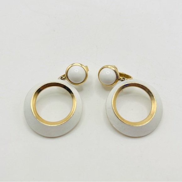 Jewelry - Vintage Crown Trifari Hoop Clip Earrings Articulated with White Enamel